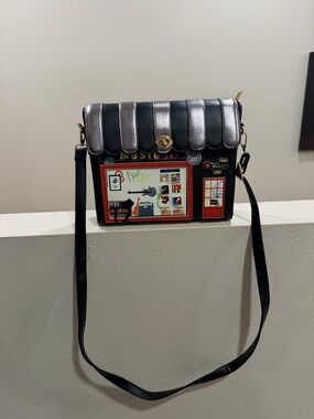 Black and Silver Graphic Crossbody Bag with Musical Print